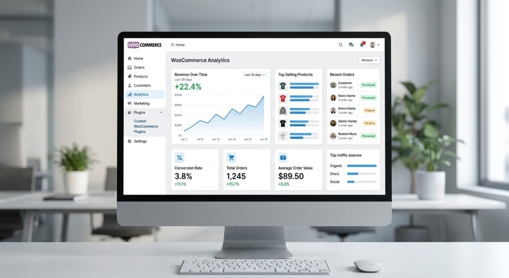 Custom WooCommerce store development dashboard showing high conversion speed and positive revenue trends