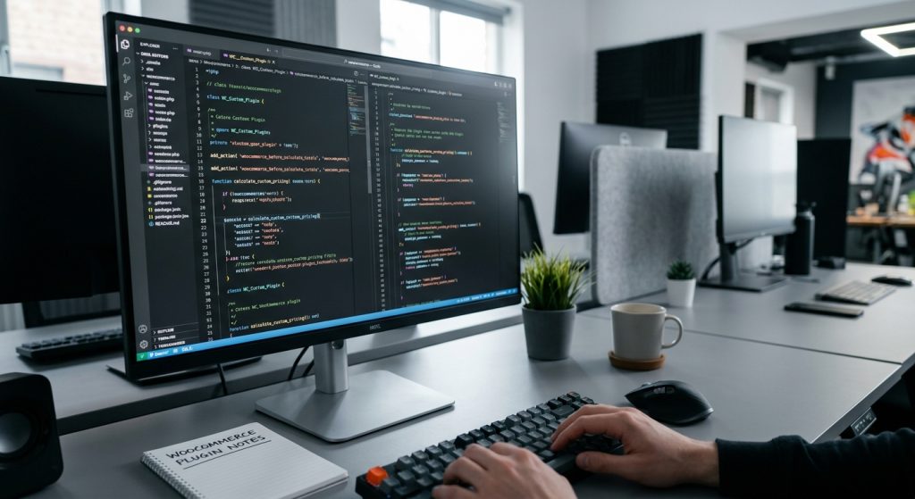 Close-up view of custom WooCommerce plugin code with syntax highlighting in a developer workspace